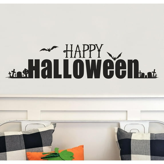 Happy Halloween with Graveyard Vinyl Lettering Wall Decal Sticker Halloween Bats Stickers Tombstone Decals - Size: 8"H x 36"L - Color: Black