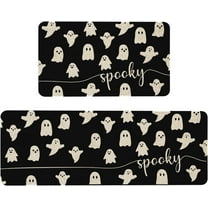 Happy Haloween Kitchen Mat Set of 2, Black Spooky Decorative Funny Text Kitchen Rug, Holiday Anti Fatigue Waterproof Stain Resistant Floor Rug Non Slip Cushioned Floor Mat 17x29 and 17x47 in