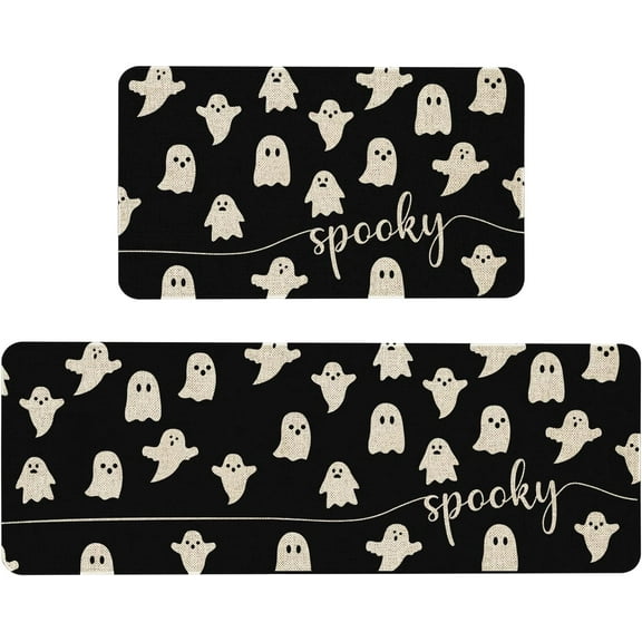 Happy Haloween Kitchen Mat Set of 2, Black Spooky Decorative Funny Text Kitchen Rug, Holiday Anti Fatigue Waterproof Stain Resistant Floor Rug Non Slip Cushioned Floor Mat 17x29 and 17x47 in
