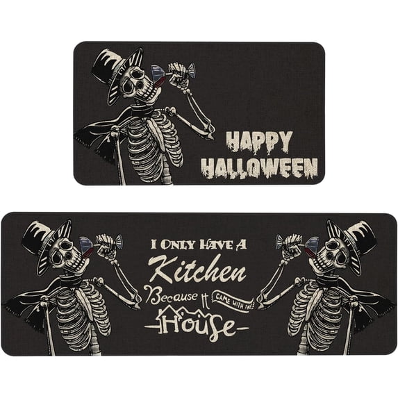 Happy Haloween Kitchen Mat Set of 2,Funny Skull Black Kitchen Rug Rubber Non Slip Holiday Decorative Floor Mats Washable Carpet Mat Comfort Standing Mat Kitchen Decor-17x30 and 17x47 Inch