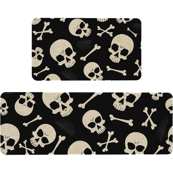 Happy Haloween Kitchen Mat Set of 2,Gothic Black White Sugar Skull Skeleton Witchy Kitchen Rug Rubber Non Slip Holiday Decorative Decor Floor Mats Washable- 17x30 and 17x47 Inch
