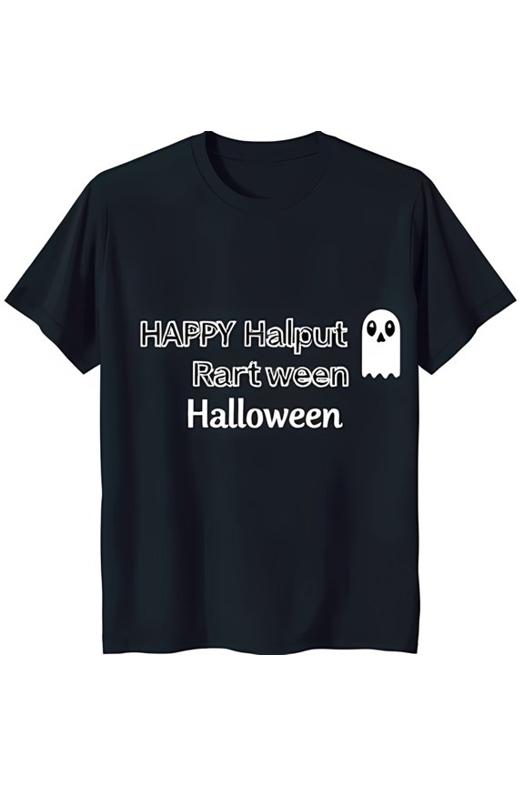 Happy Halput Rart Ween Halloween Black T-Shirt with Ghost Design Short Sleeve Neck