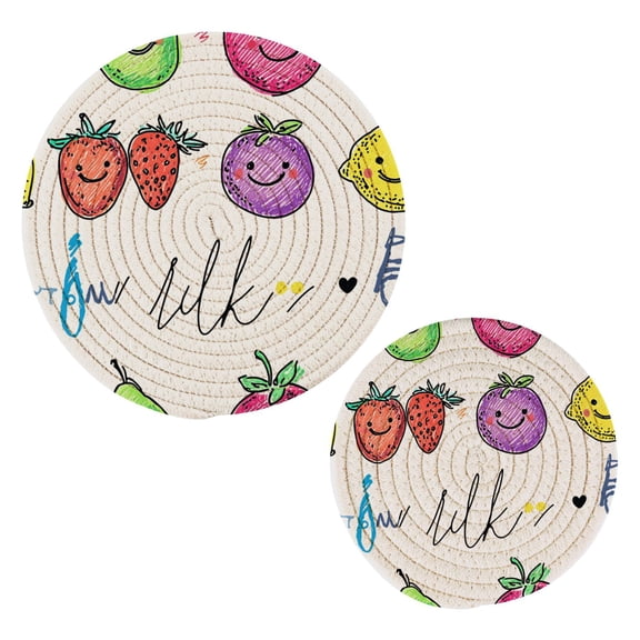 Happy Hand Drawn Fruits Cotton Braided Potholders, 2 Pack Heat-Resistant Pads 7.09'' and 9.45''