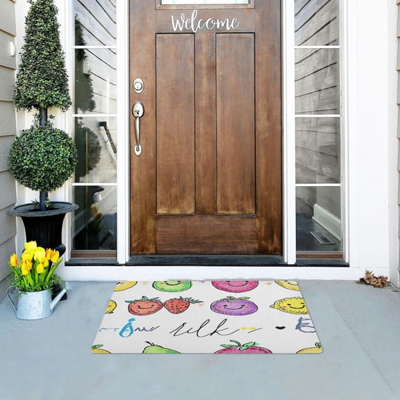 Happy Hand Drawn Fruits Outdoor Doormats NonSlip Bath Rugs Absorbent Muddy Dirt Resist Door Mats 32''x20''