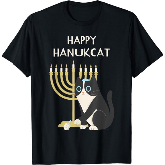 Happy Hanukcat Shirt Black Cat Menorah Funny Hanukkah T-Shirt, Unisex T-Shirt