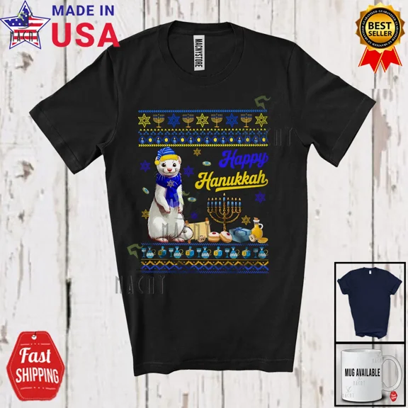 Happy Hanukkah; Adorable Chanukah White Weasel With Menorah Sweater Family Shirt
