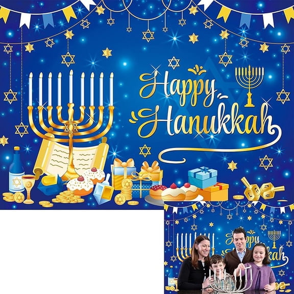 Happy Hanukkah Backdrop Blue Lamps Hanukkah Day Photography Background Jewish Chanukah Party Decorations Banner Booth Props