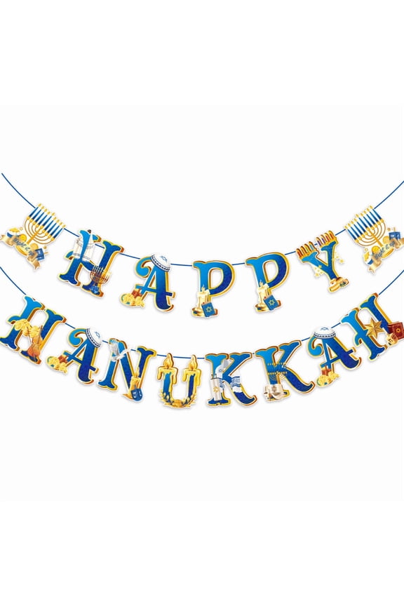 Happy Hanukkah Banner, Blue and Gold Letter Garland, Festive Jewish Holiday Party Decoration