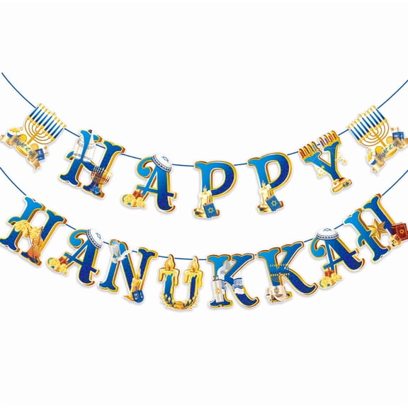 Happy Hanukkah Banner, Blue and Gold Letter Garland, Festive Jewish Holiday Party Decoration