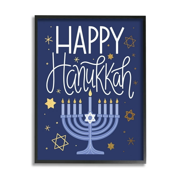 Happy Hanukkah Blue Menorah Pattern Holiday Graphic Art Black Framed Art Print Wall Art