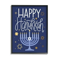 Happy Hanukkah Blue Menorah Pattern Holiday Graphic Art Black Framed Art Print Wall Art