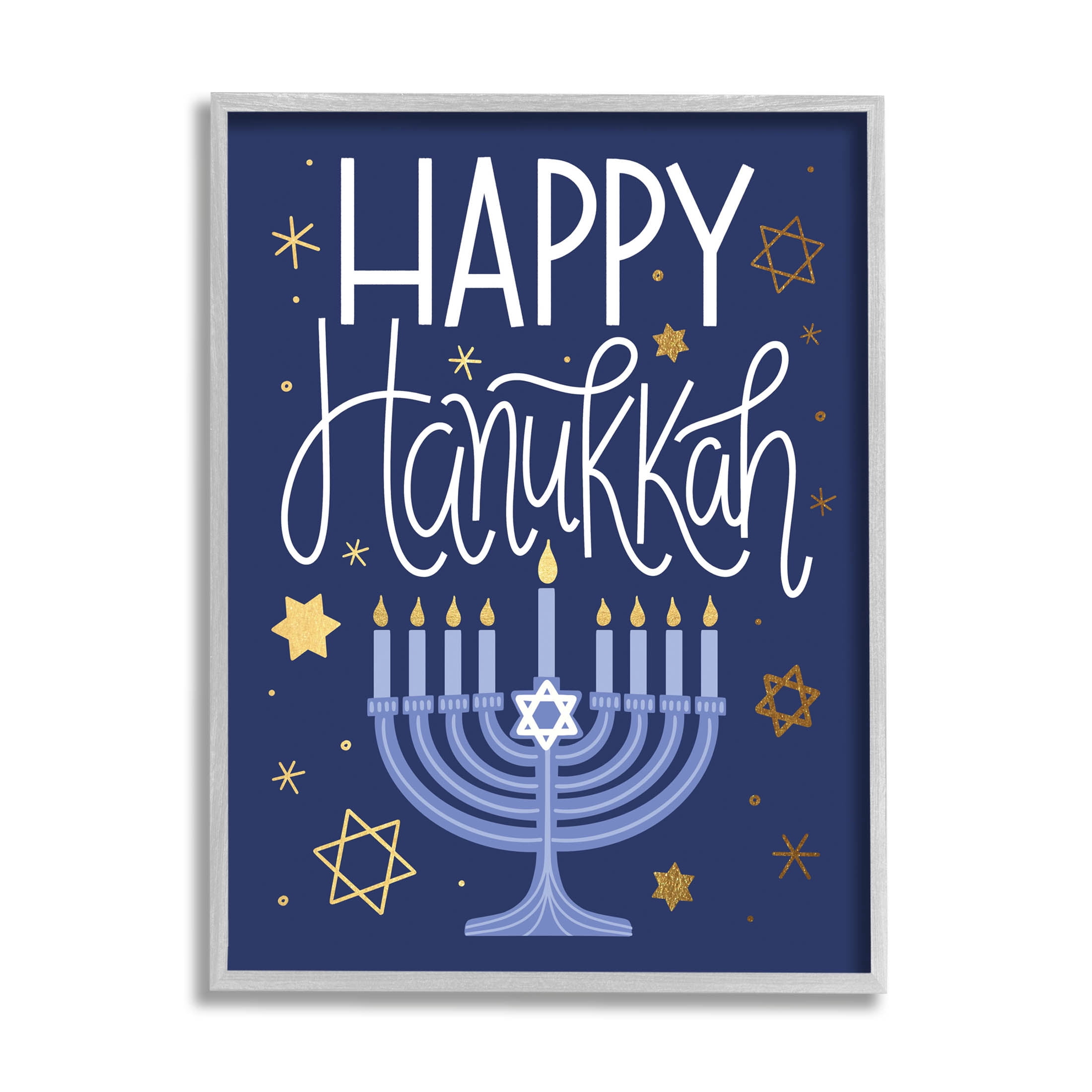 Happy Hanukkah Blue Menorah Pattern Holiday Graphic Art Gray Framed Art Print Wall Art