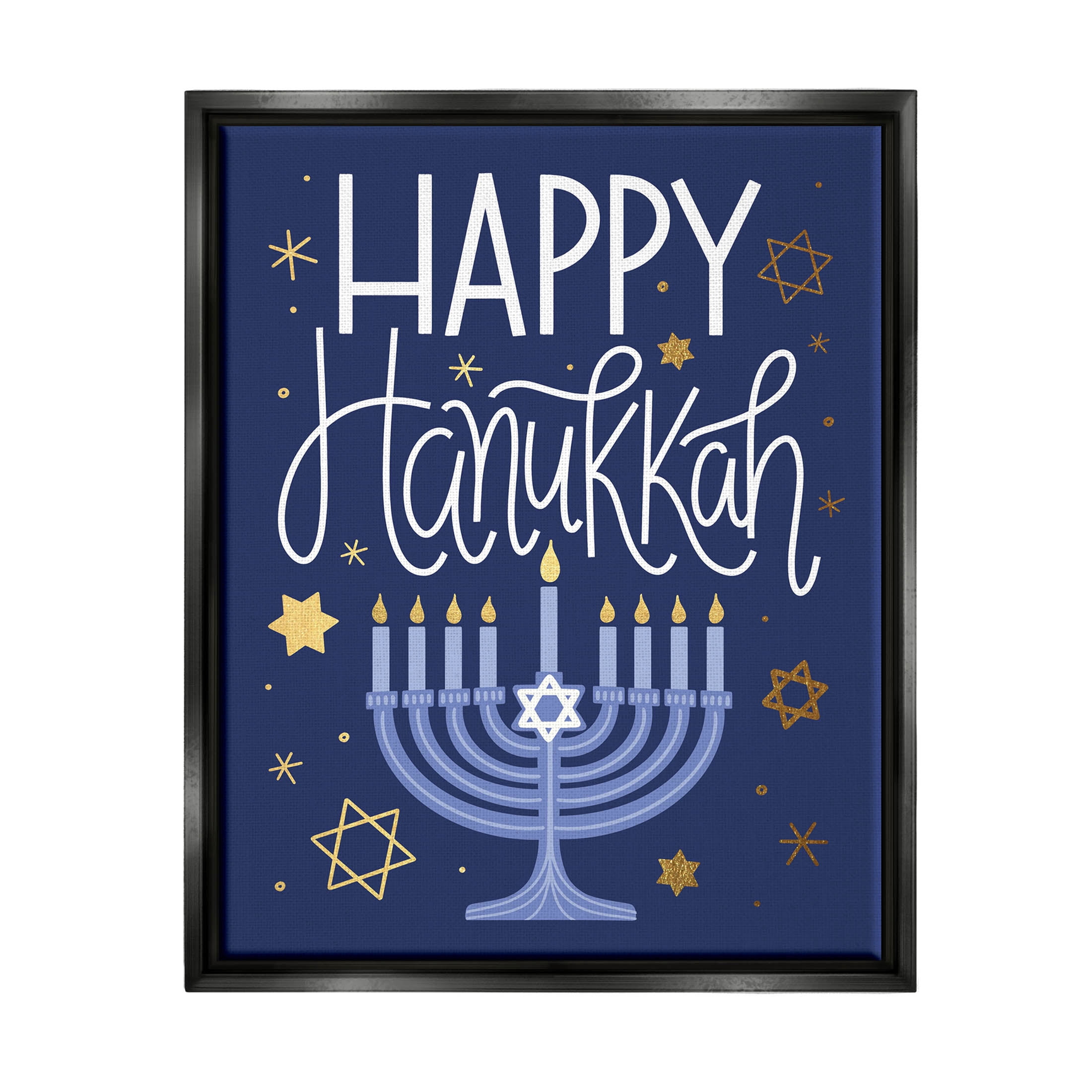 Happy Hanukkah Blue Menorah Pattern Holiday Graphic Art Jet Black Framed Art Print Wall Art