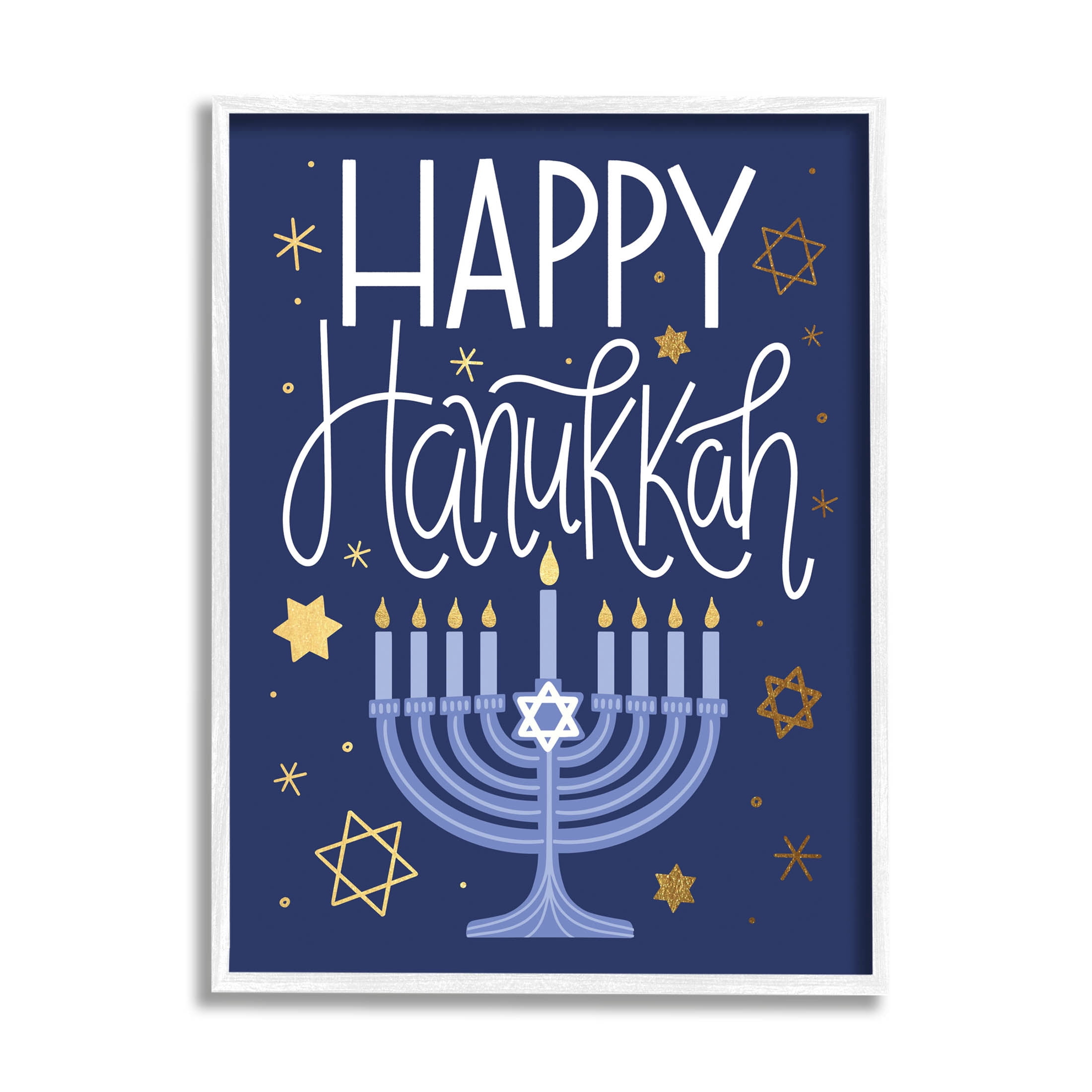 Happy Hanukkah Blue Menorah Pattern Holiday Graphic Art White Framed Art Print Wall Art