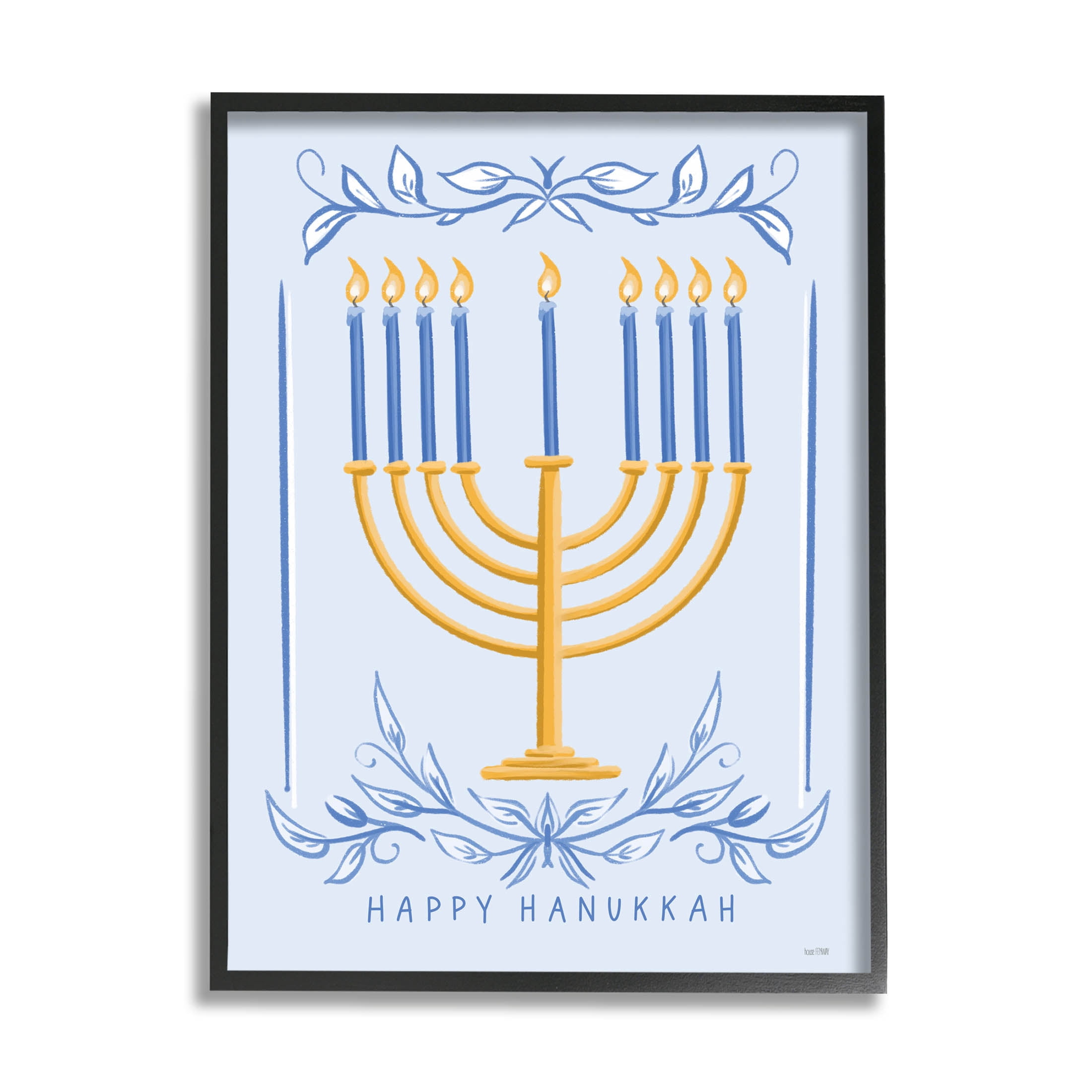 Happy Hanukkah Botanical Menorah Holiday Graphic Art Black Framed Art Print Wall Art