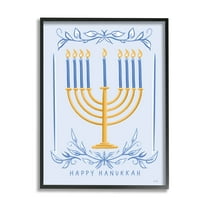 Happy Hanukkah Botanical Menorah Holiday Graphic Art Black Framed Art Print Wall Art