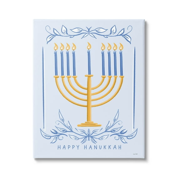 Happy Hanukkah Botanical Menorah Holiday Graphic Art Gallery Wrapped Canvas Print Wall Art