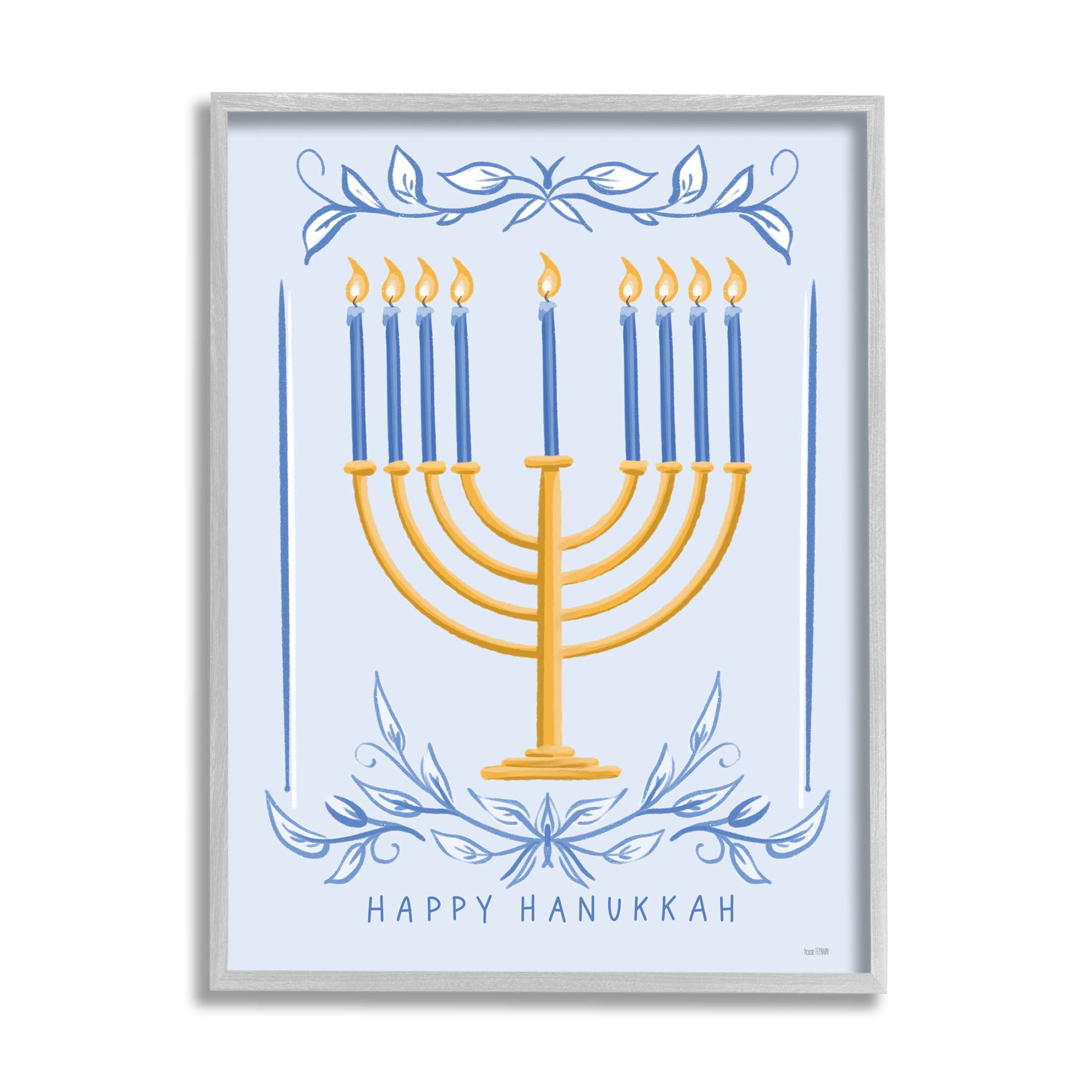 Happy Hanukkah Botanical Menorah Holiday Graphic Art Gray Framed Art Print Wall Art