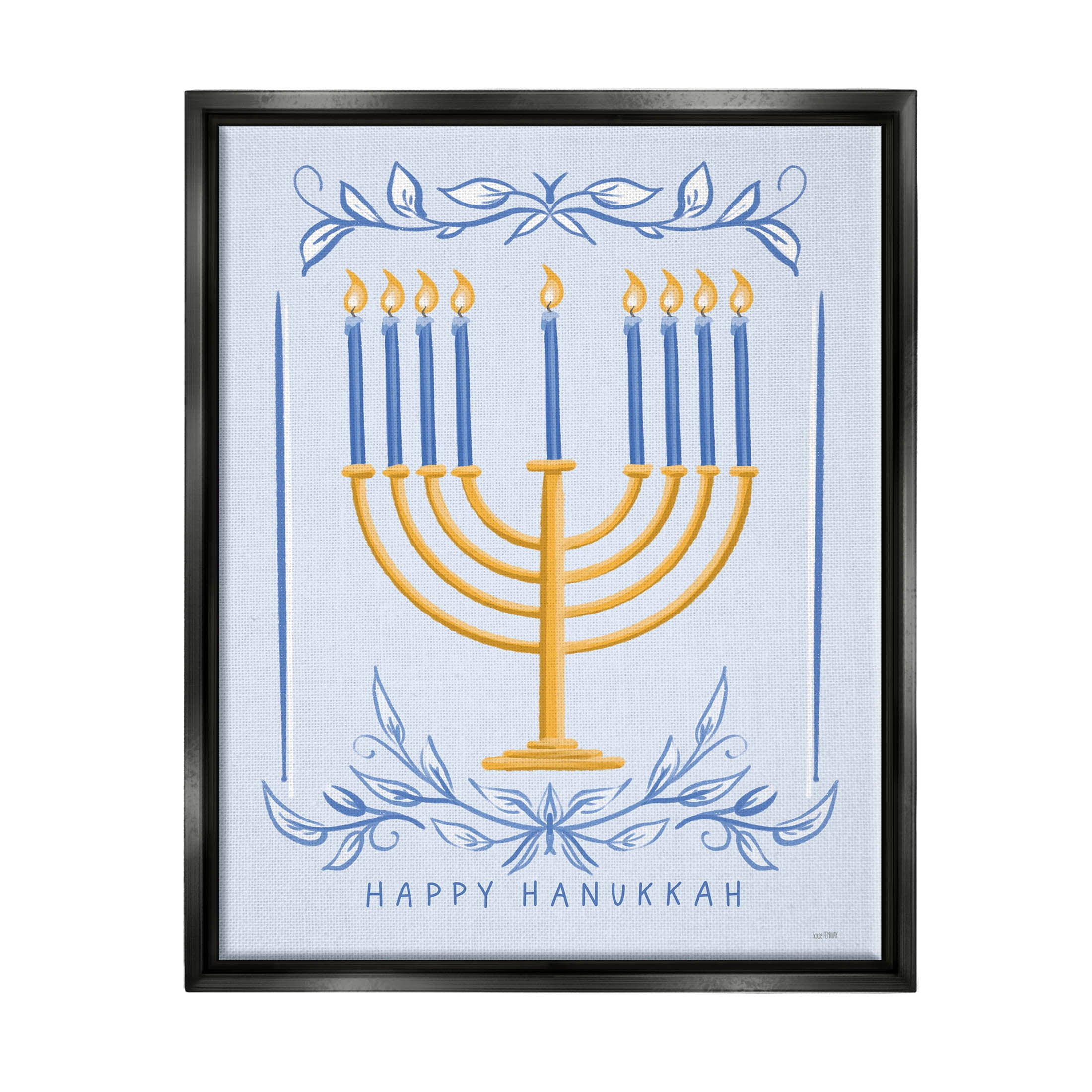 Happy Hanukkah Botanical Menorah Holiday Graphic Art Jet Black Framed Art Print Wall Art