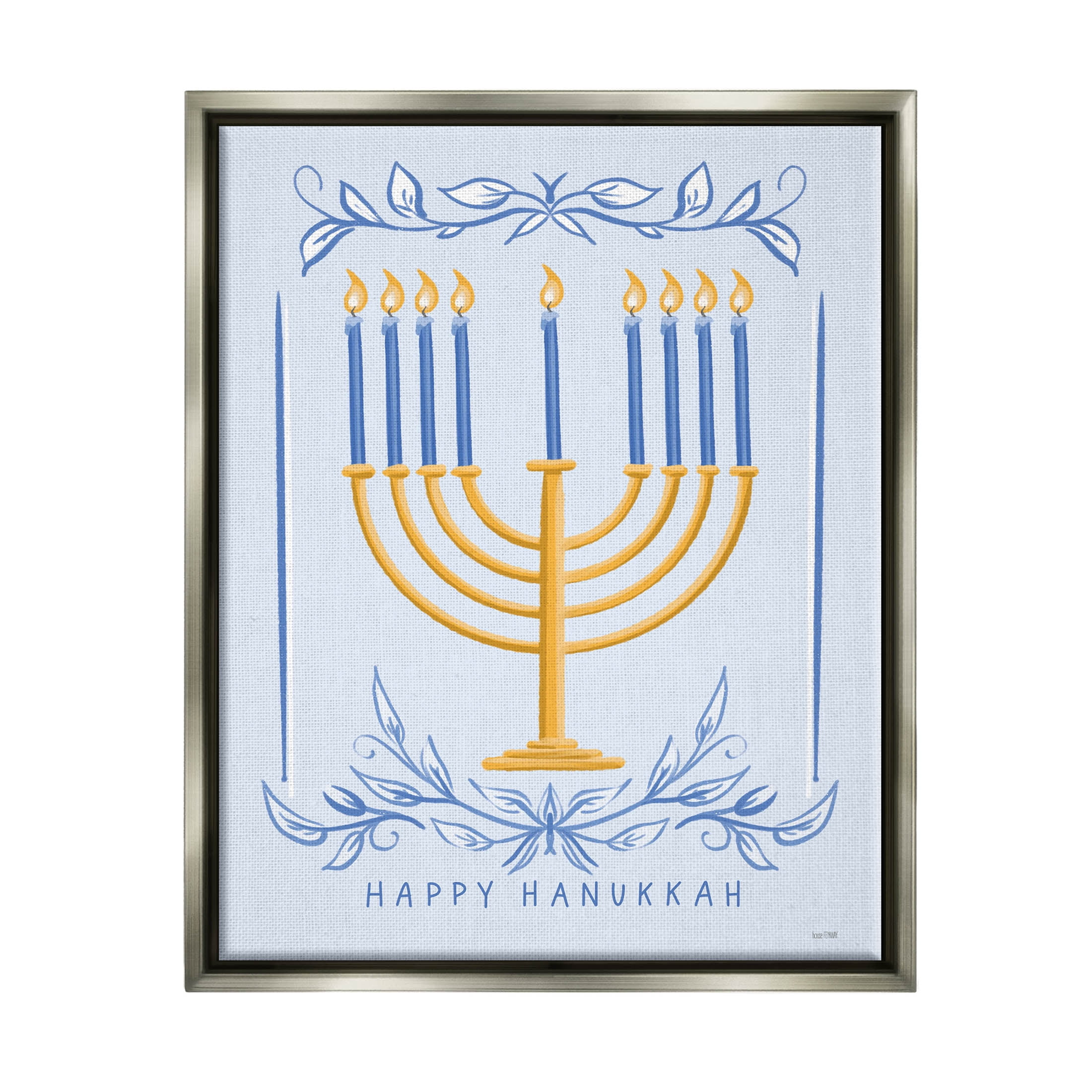 Happy Hanukkah Botanical Menorah Holiday Graphic Art Luster Gray Framed Art Print Wall Art