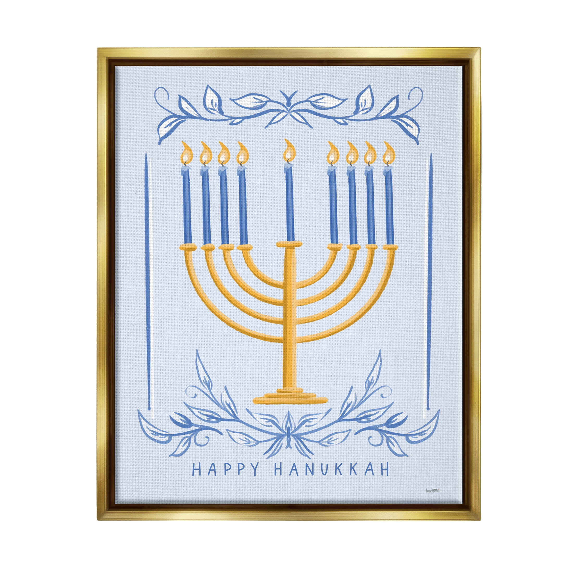 Happy Hanukkah Botanical Menorah Holiday Graphic Art Metallic Gold Framed Art Print Wall Art