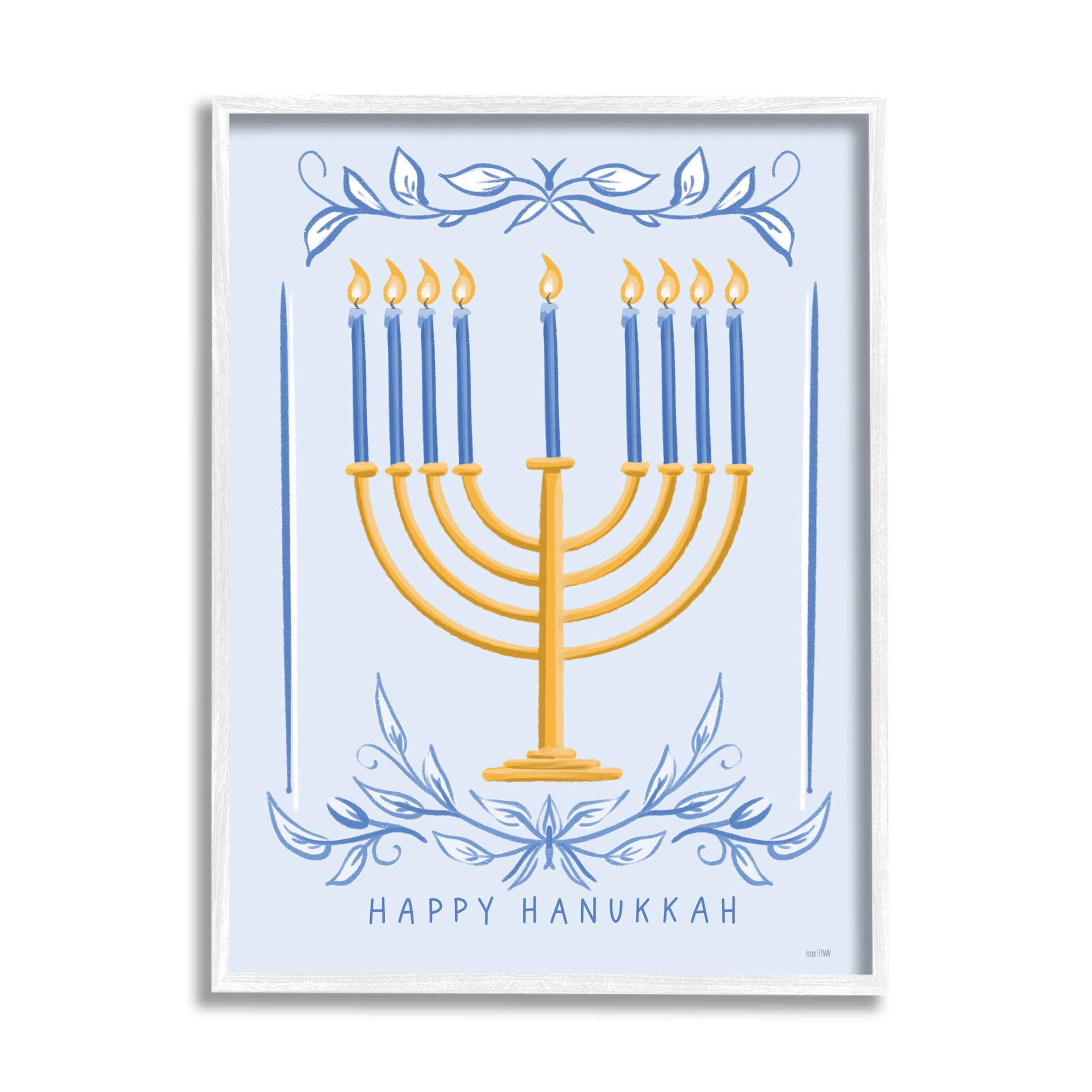 Happy Hanukkah Botanical Menorah Holiday Graphic Art White Framed Art Print Wall Art