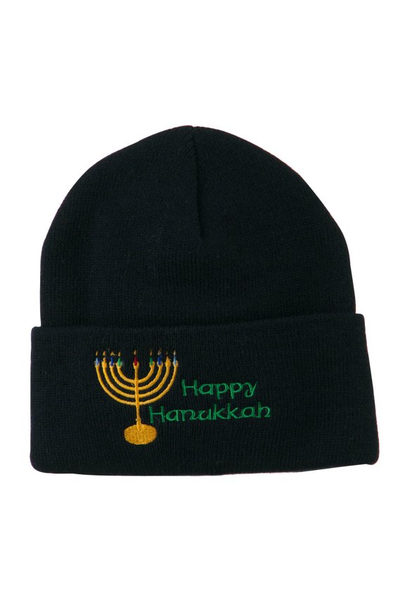 Happy Hanukkah Candles Embroidered Beanie - Navy OSFM