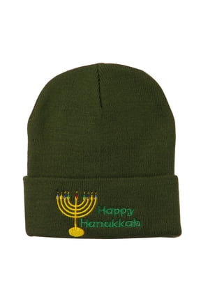 Happy Hanukkah Candles Embroidered Beanie - Olive OSFM