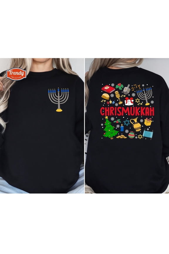 Happy Hanukkah Chrismukkah Sweatshirt, Menorah Candle Print, Family Holiday Humor, Unisex Adult, Casual Everyday Wear, SIZE S-4XL Black