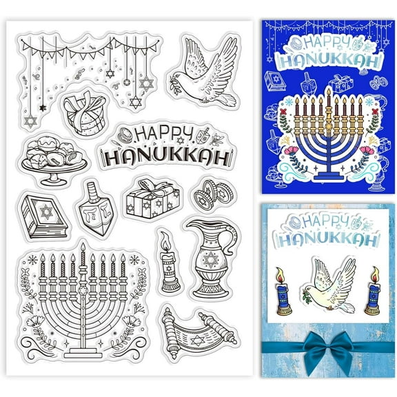 Happy Hanukkah Clear PVC Plastic Stamps 4.3x6.3 inch - Chanukah Label Candles Dessert & Coin Star Stamps for Scrapbooking & DIY Cards
