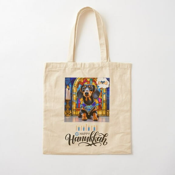 Happy Hanukkah Dachshund Dreaming Of Gifts – Stained Glass Temple Design Cotton Tote Bag Canvas Tote Bag, Family Gift For Mother, Her