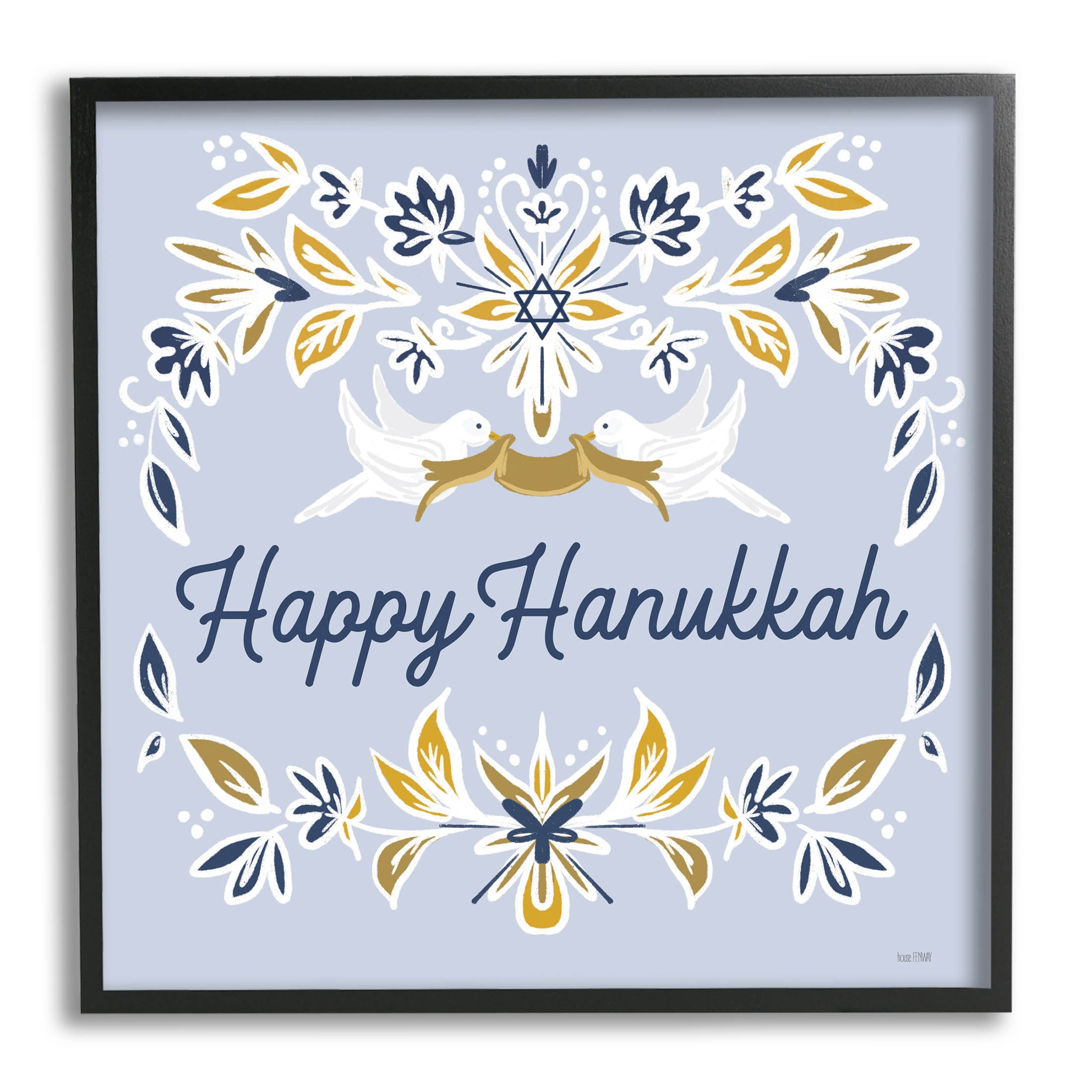Happy Hanukkah Floral Doves Banner Holiday Graphic Art Black Framed Art Print Wall Art