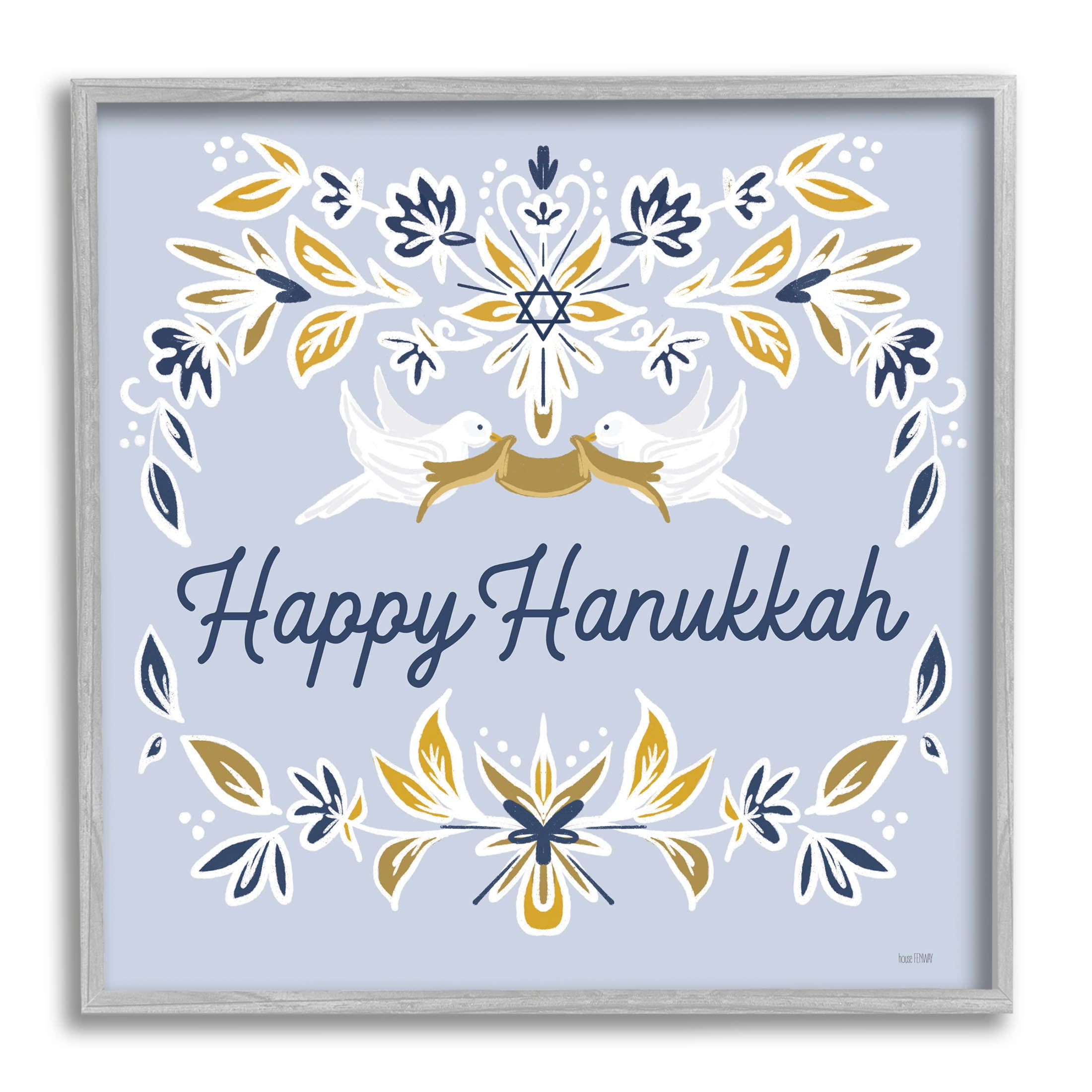Happy Hanukkah Floral Doves Banner Holiday Graphic Art Gray Framed Art Print Wall Art