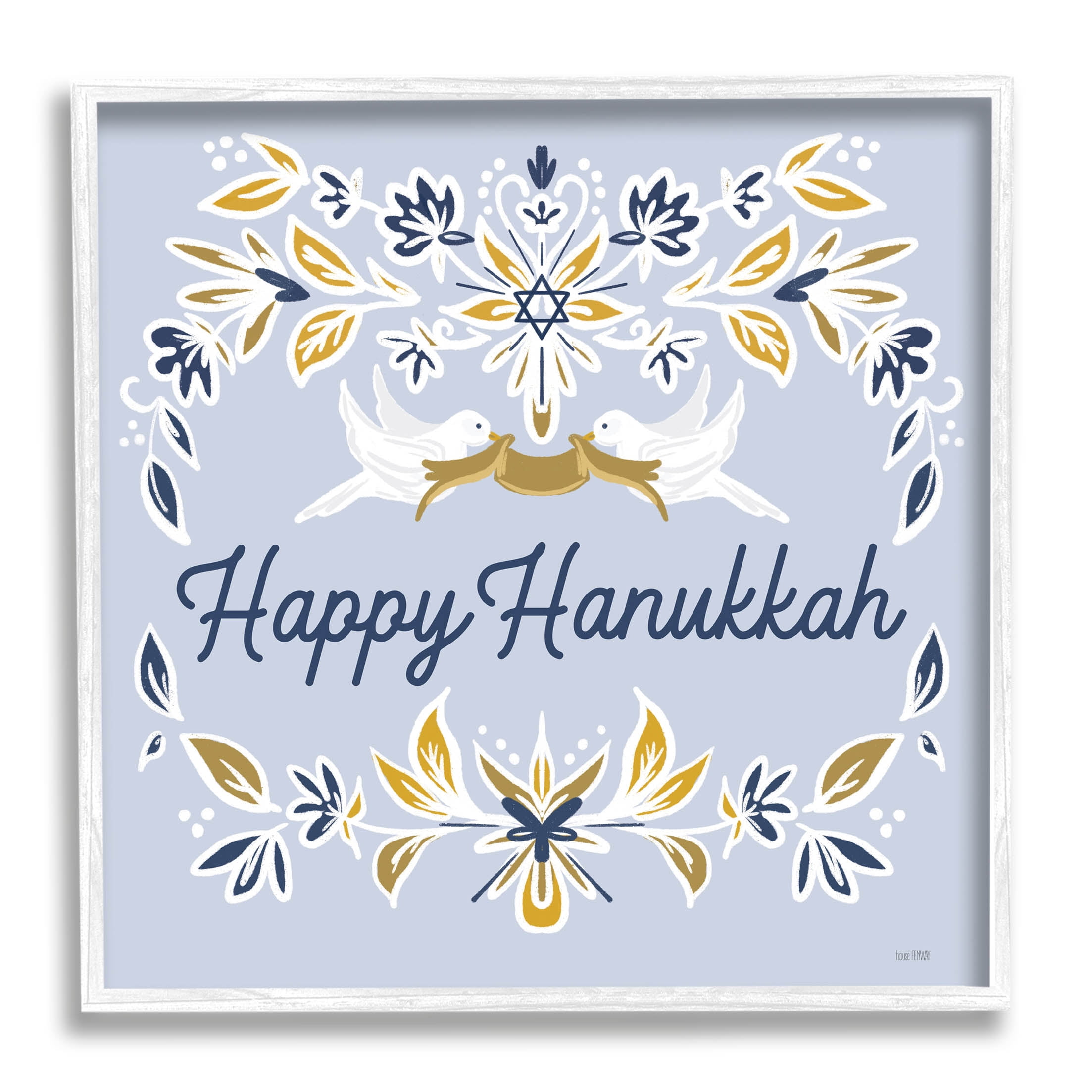 Happy Hanukkah Floral Doves Banner Holiday Graphic Art White Framed Art Print Wall Art