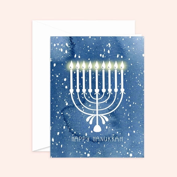 Happy Hanukkah Greeting Card, Dark Navy Blue Watercolor Night Sky with White Stars, Elegant Script Lettering, Festive Holiday Stationery for Friends and Family