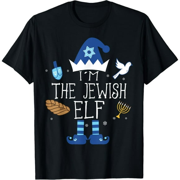 Happy Hanukkah Jewish Elf Family Group Christmas Pajama Gift T-ShirtMen and women, White Black T-shirt, size: Extra large S-4XL