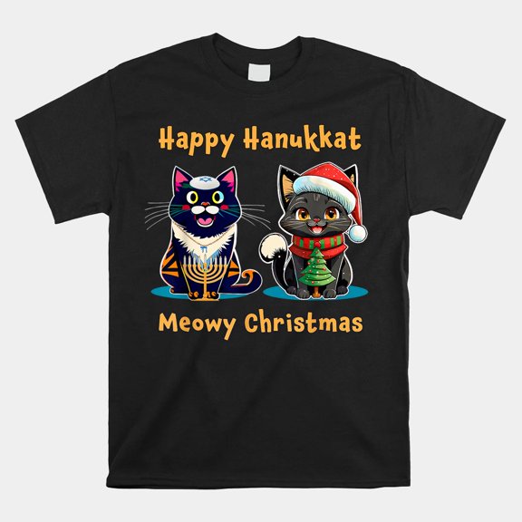 Happy Hanukkah Meowy Christmas Cat Holiday Fusion Unisex T-Shirt, S-5XL