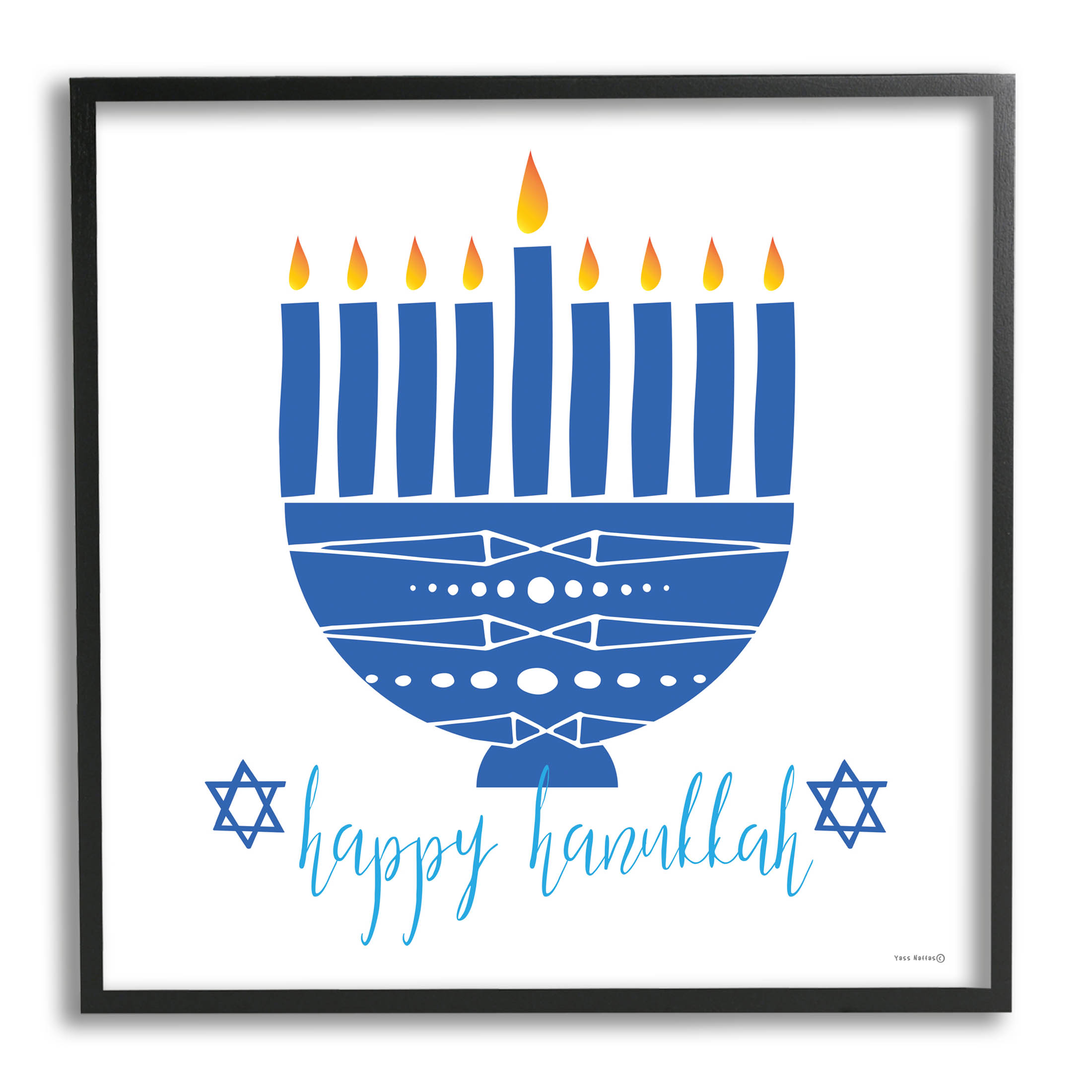 Happy Hanukkah Patterned Blue Menorah Holiday Graphic Art Black Framed Art Print Wall Art
