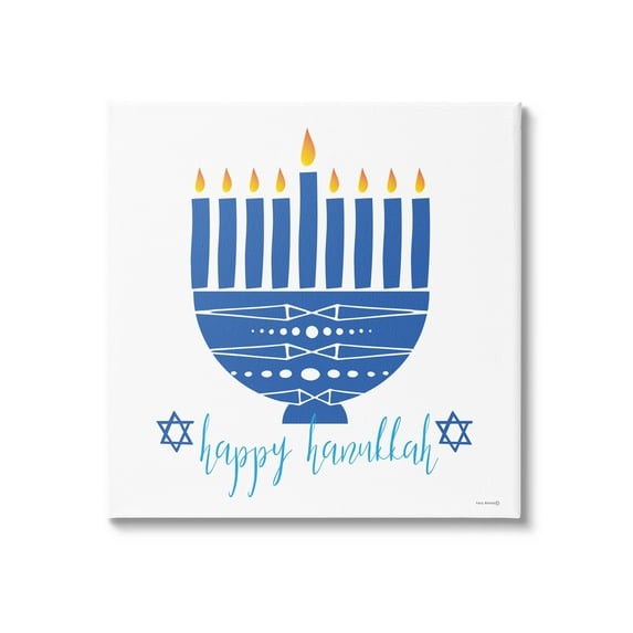 Happy Hanukkah Patterned Blue Menorah Holiday Graphic Art Gallery Wrapped Canvas Print Wall Art