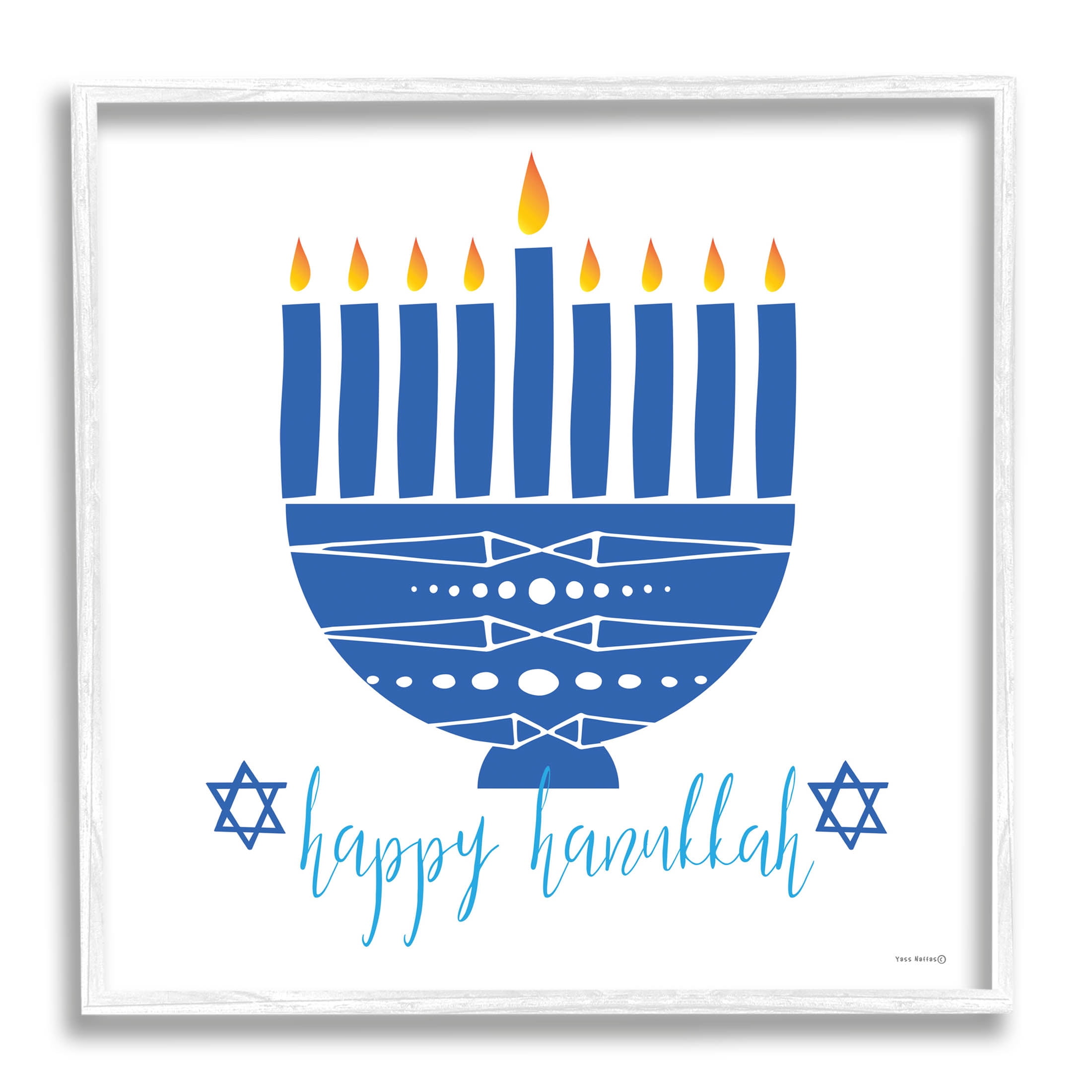Happy Hanukkah Patterned Blue Menorah Holiday Graphic Art White Framed Art Print Wall Art