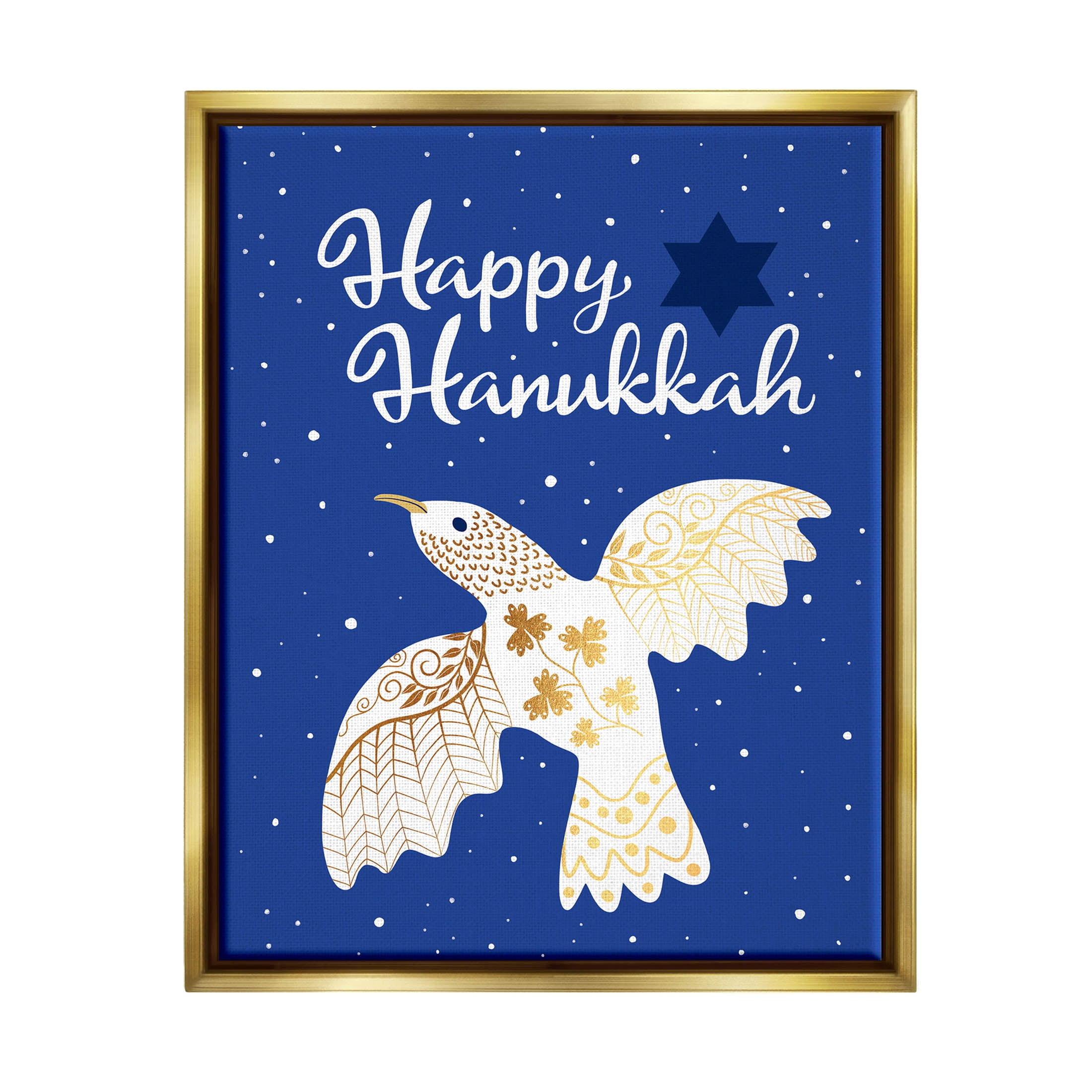 Happy Hanukkah Patterned Dove Holiday Graphic Art Metallic Gold Framed Art Print Wall Art