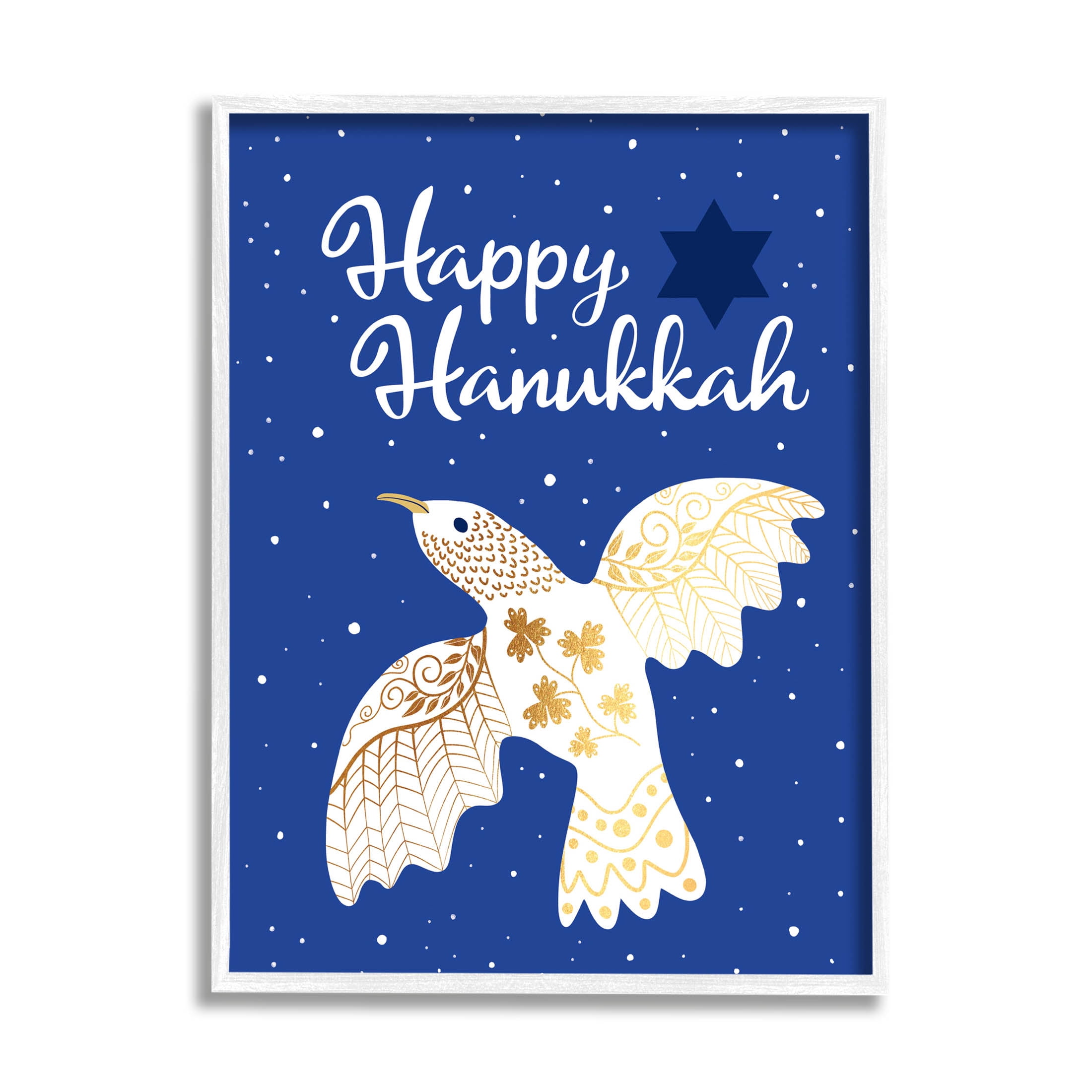 Happy Hanukkah Patterned Dove Holiday Graphic Art White Framed Art Print Wall Art