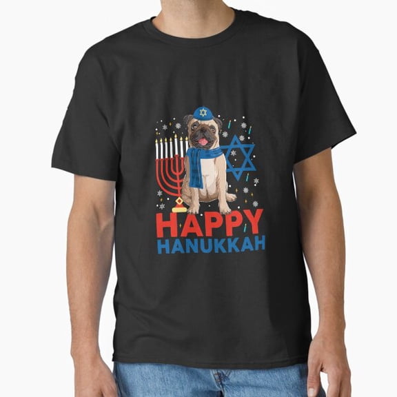 Happy Hanukkah Pug Jewish Dog Cute Winter Holiday Theme Unisex T-Shirt, up to size 5XL