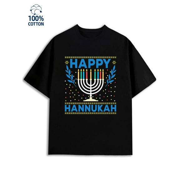 Happy Hanukkah T-Shirt for men 180G 100% Cotton black Vintage Unisex Shirt Graphic Tee tshirts Basic Unisex Shirt Graphic tshirts Fashion Unisex Shirt Cotton tshirts