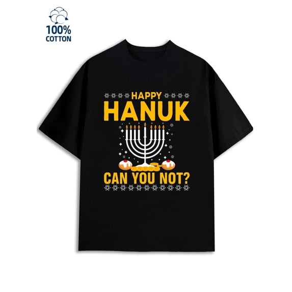 Greenink Happy Hanukkah T-Shirt for men Hanukkah 180G 100% Cotton black Joyful fun Basic Unisex Shirt Printed tshirts Unique Design Unisex Shirt Graphic Tee tshirts