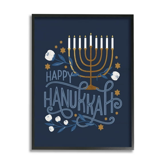 Happy Hanukkah Traditional Menorah Symbols Holiday Graphic Art Black Framed Art Print Wall Art