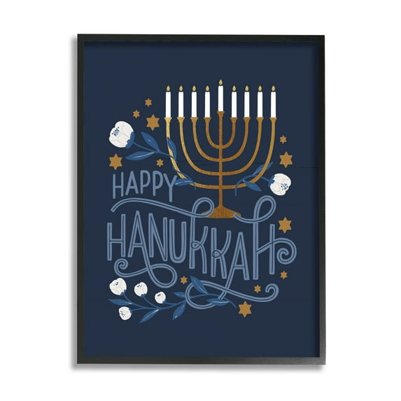 Happy Hanukkah Traditional Menorah Symbols Holiday Graphic Art Black Framed Art Print Wall Art