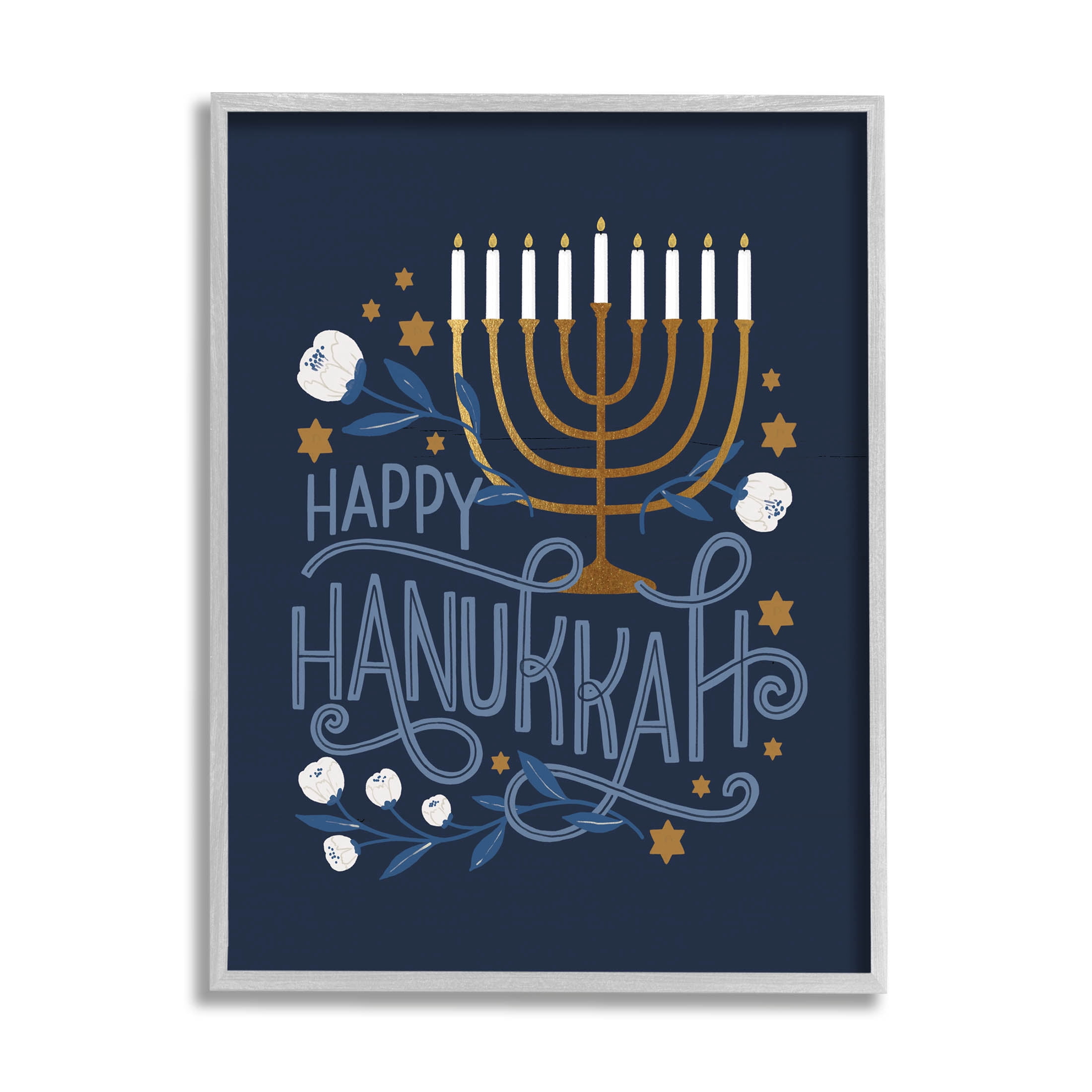 Happy Hanukkah Traditional Menorah Symbols Holiday Graphic Art Gray Framed Art Print Wall Art