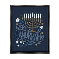 Happy Hanukkah Traditional Menorah Symbols Holiday Graphic Art Jet Black Framed Art Print Wall Art