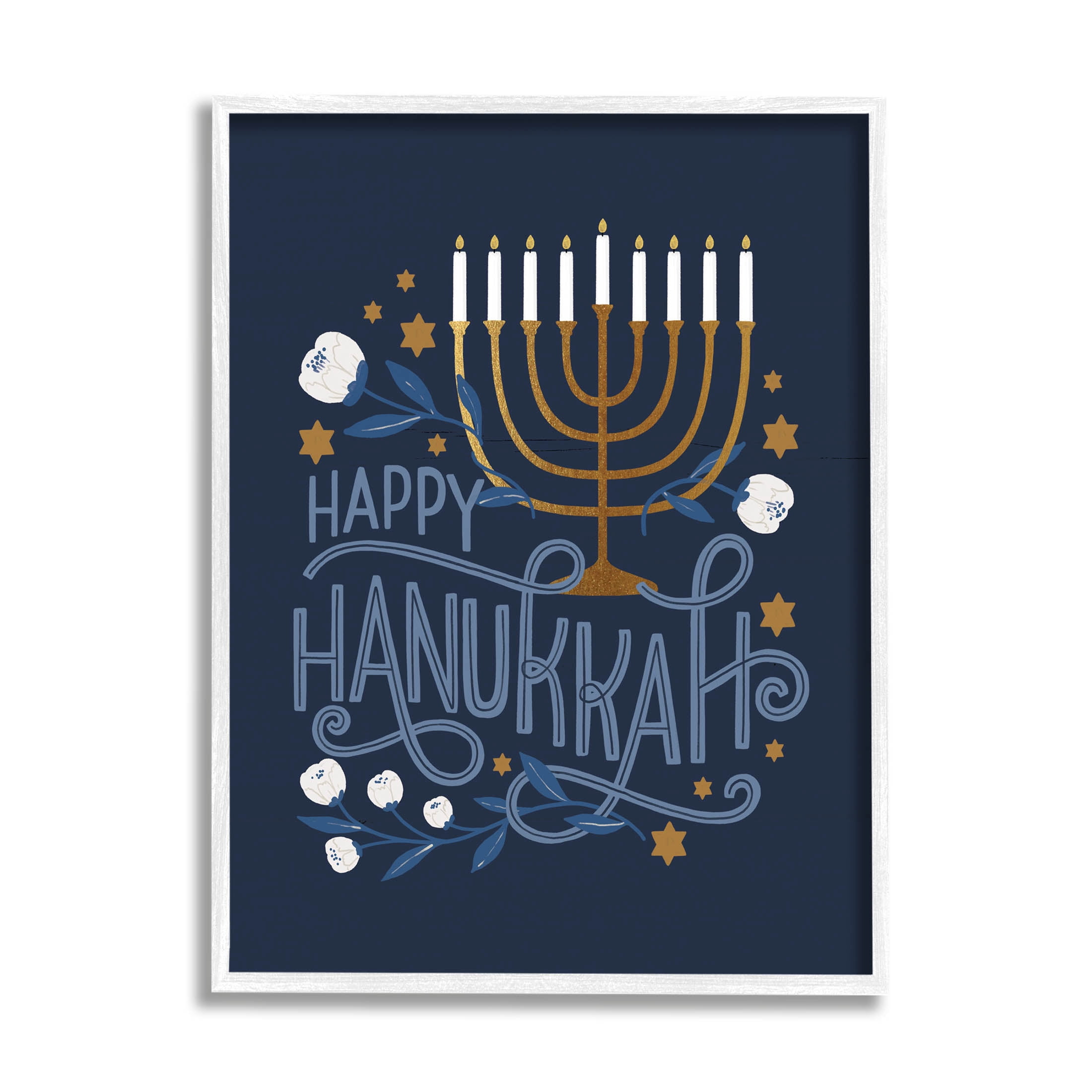 Happy Hanukkah Traditional Menorah Symbols Holiday Graphic Art White Framed Art Print Wall Art